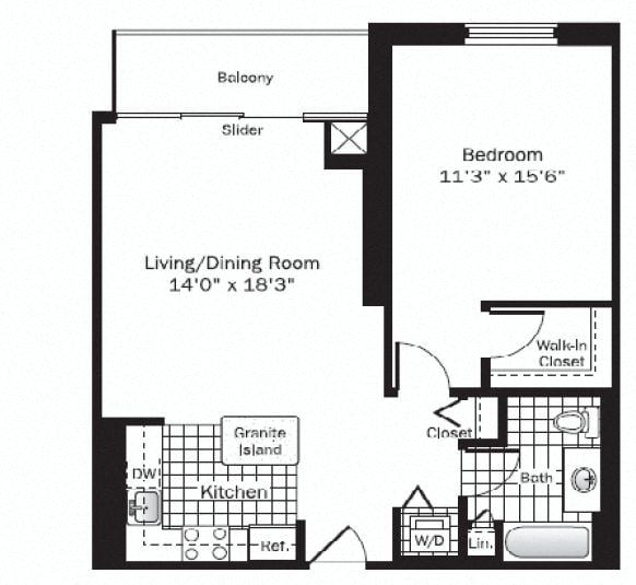 Rendering of the UNIT 8 (1BR/1BA) floor plan with 1 bedroom[s] and 1 bathroom[s] at grandplazachicago