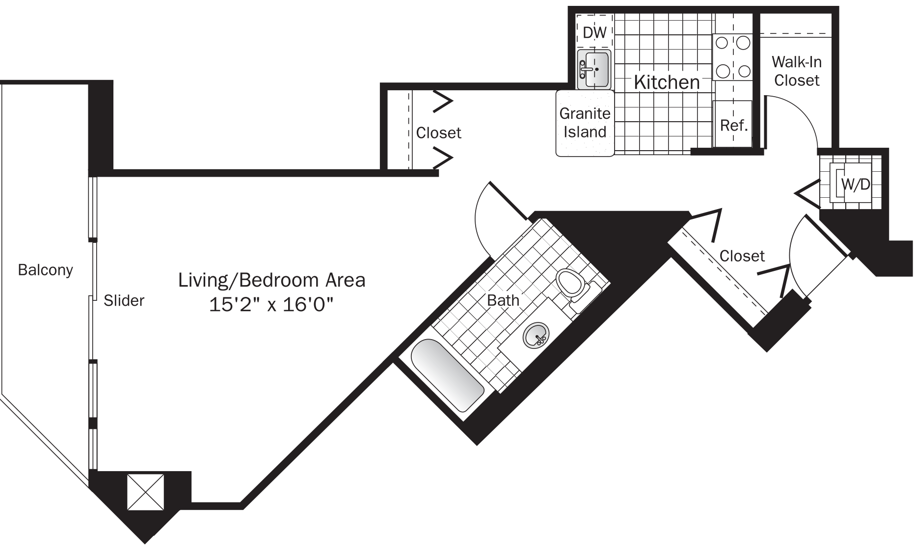 Rendering of the UNIT 5 (Studio) floor plan with a Studio bedroom and 1 bathroom[s] at grandplazachicago