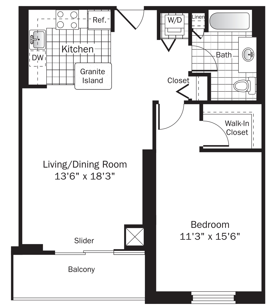 Rendering of the UNIT 3 (1BR/1BA) floor plan with 1 bedroom[s] and 1 bathroom[s] at grandplazachicago