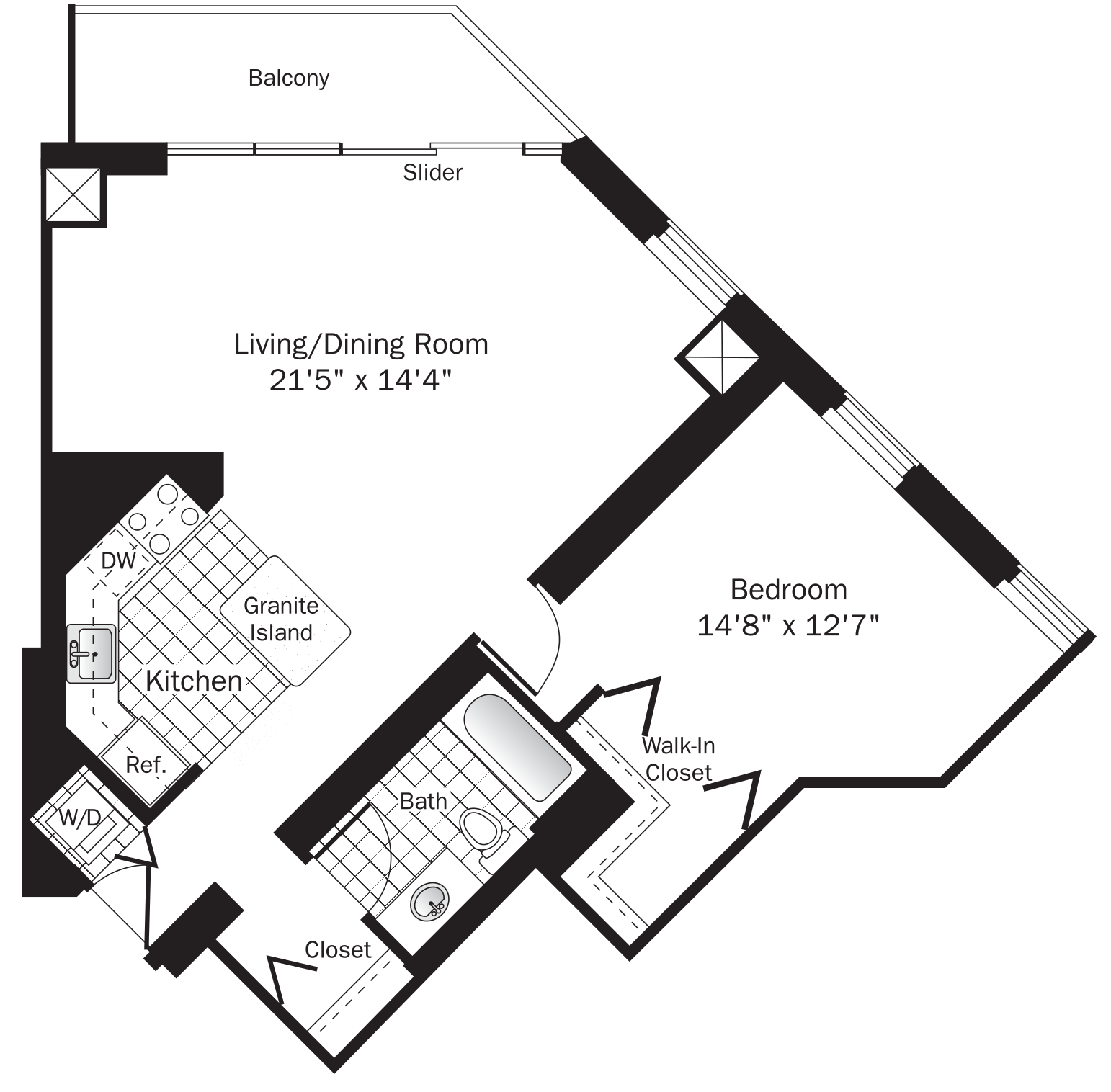 Rendering of the UNIT 10 (1BR/1BA) floor plan with 1 bedroom[s] and 1 bathroom[s] at grandplazachicago