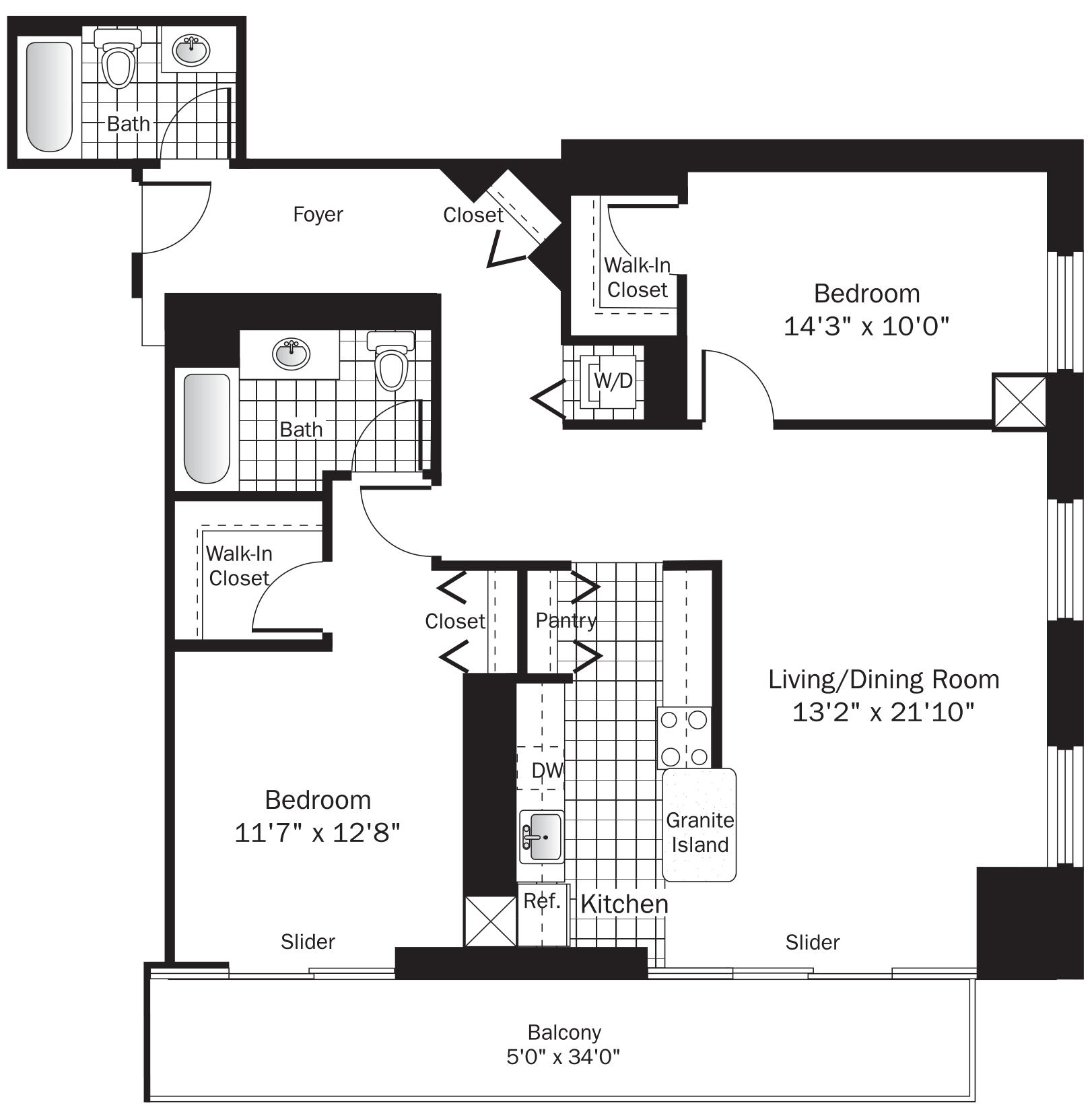 Rendering of the UNIT 1 (2BR/2BA) floor plan with 2 bedroom[s] and 2 bathroom[s] at grandplazachicago
