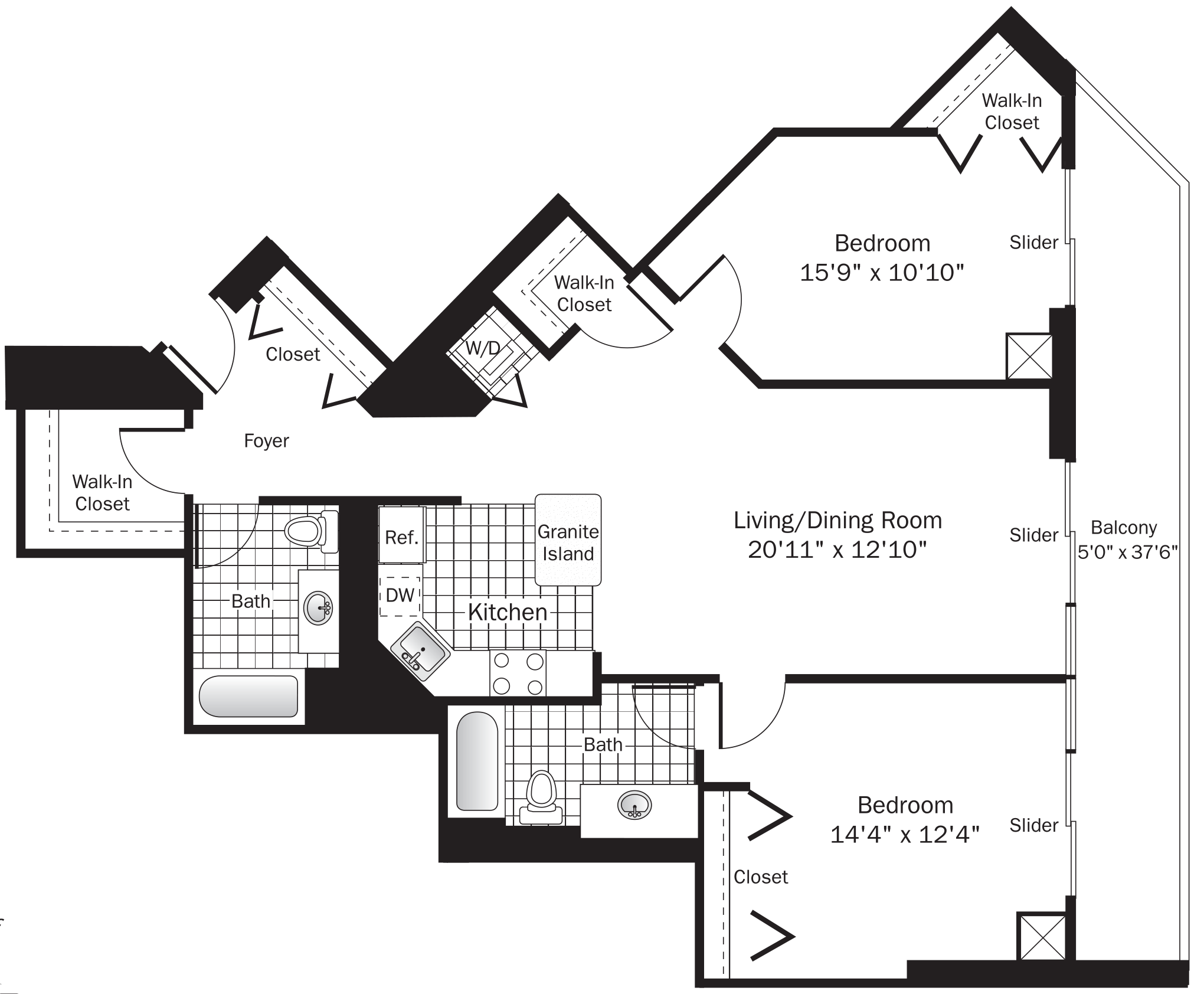 Rendering of the UNIT 11 (2BR/2BA) floor plan with 2 bedroom[s] and 2 bathroom[s] at grandplazachicago