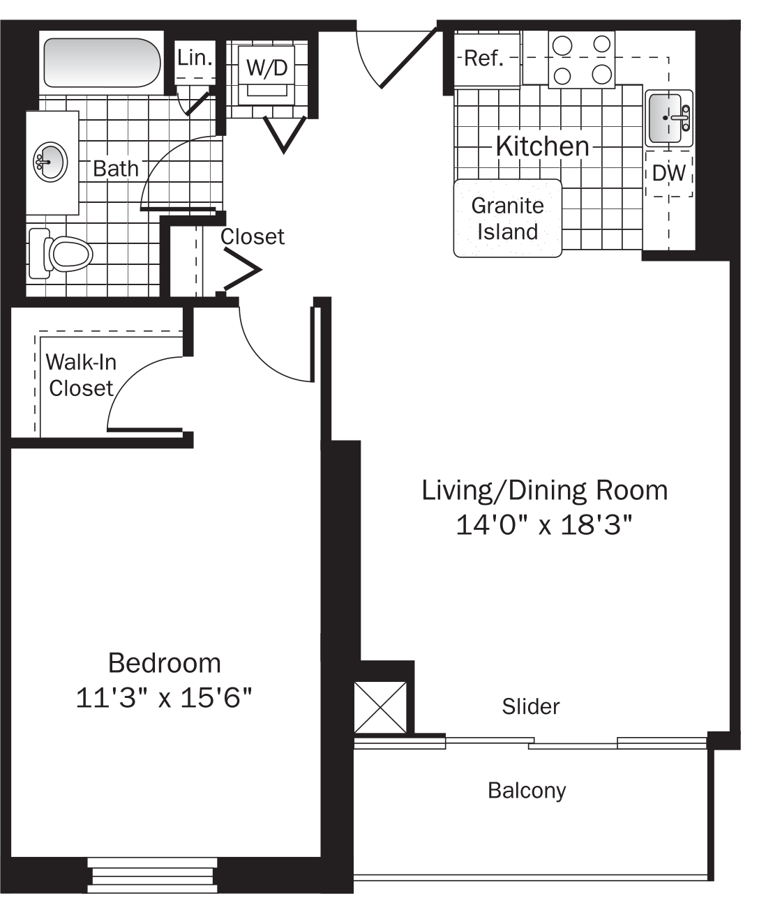 Rendering of the UNIT 2 (1BR/1BA) floor plan with 1 bedroom[s] and 1 bathroom[s] at grandplazachicago