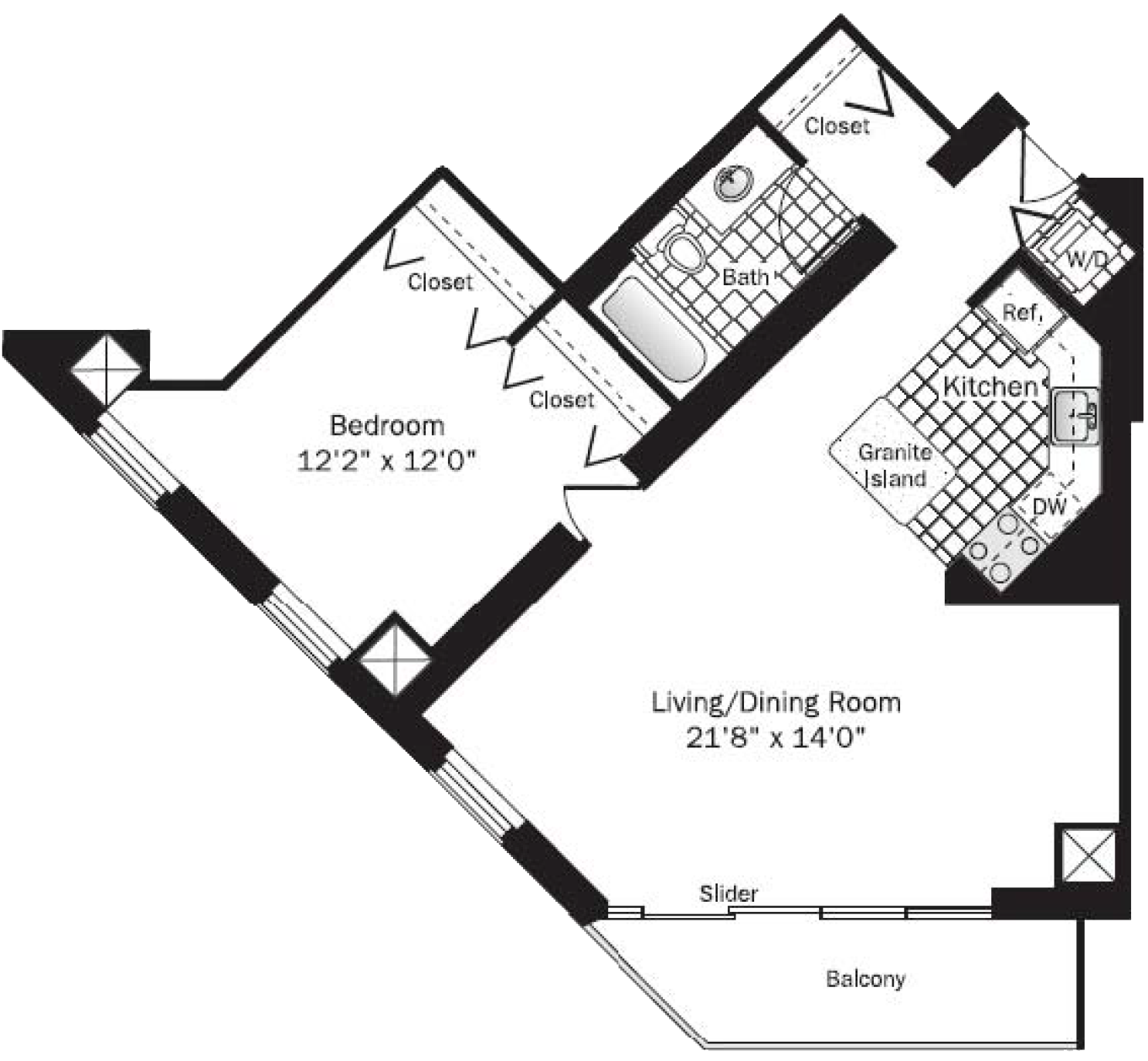 Rendering of the UNIT 4 (1BR/1BA) floor plan with 1 bedroom[s] and 1 bathroom[s] at grandplazachicago